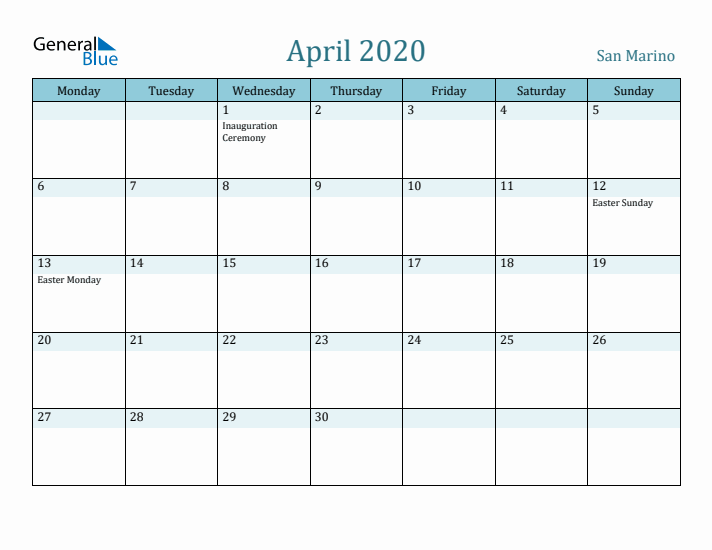 April 2020 Calendar with Holidays