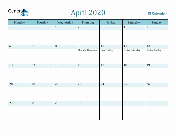 April 2020 Calendar with Holidays