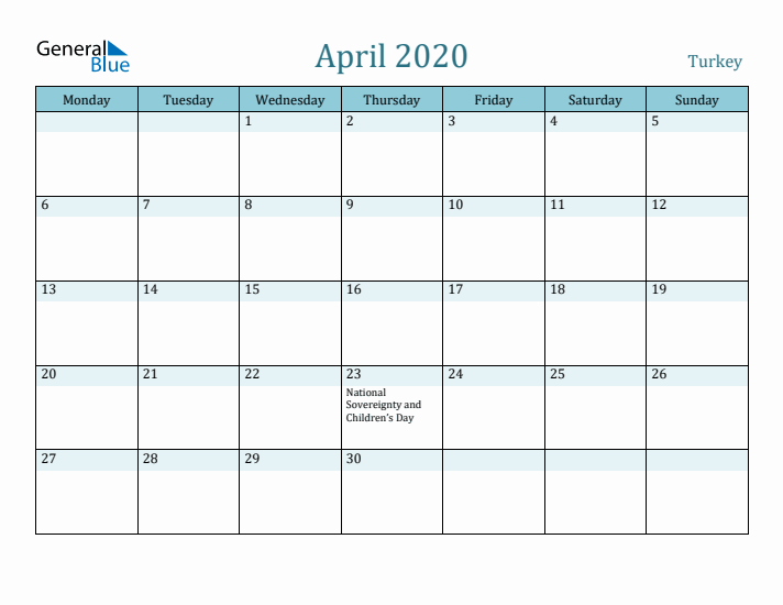 April 2020 Calendar with Holidays