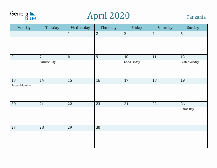 April 2020 Calendar with Holidays