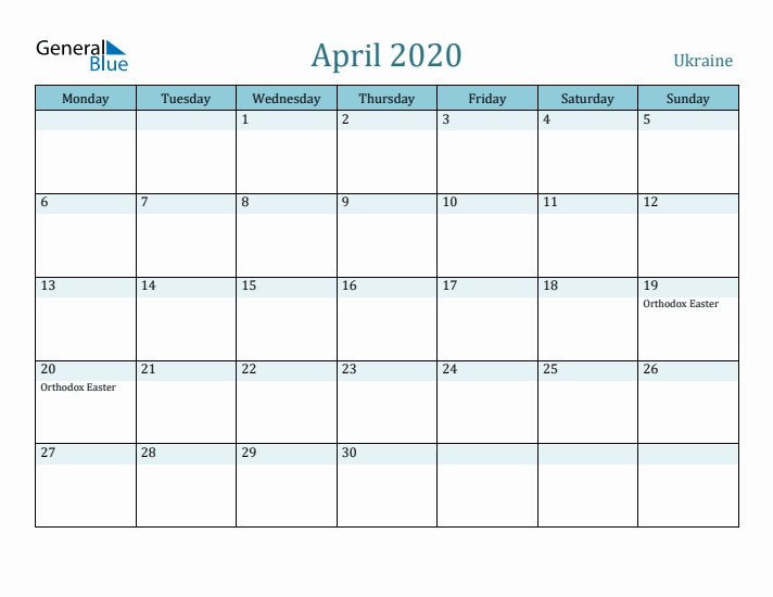 April 2020 Calendar with Holidays