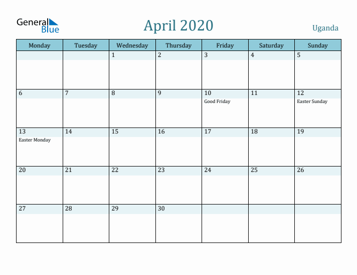 April 2020 Calendar with Holidays