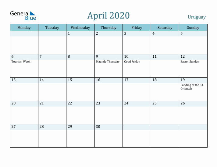 April 2020 Calendar with Holidays