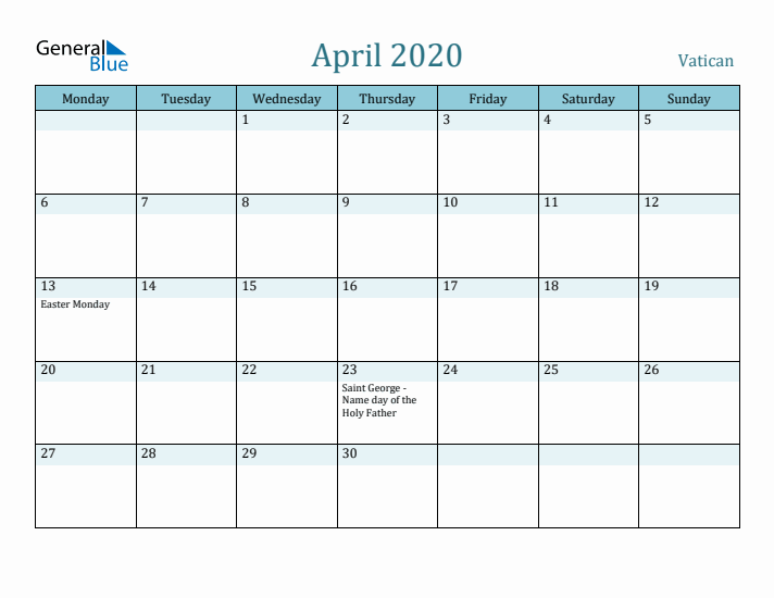 April 2020 Calendar with Holidays