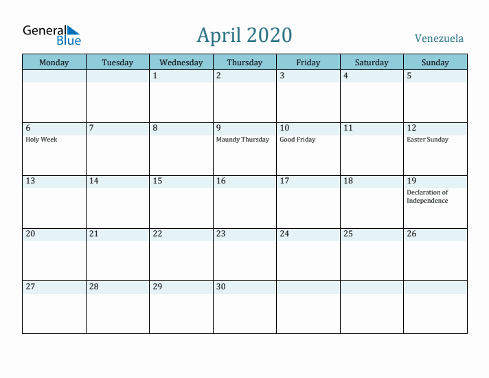 April 2020 Calendar with Holidays