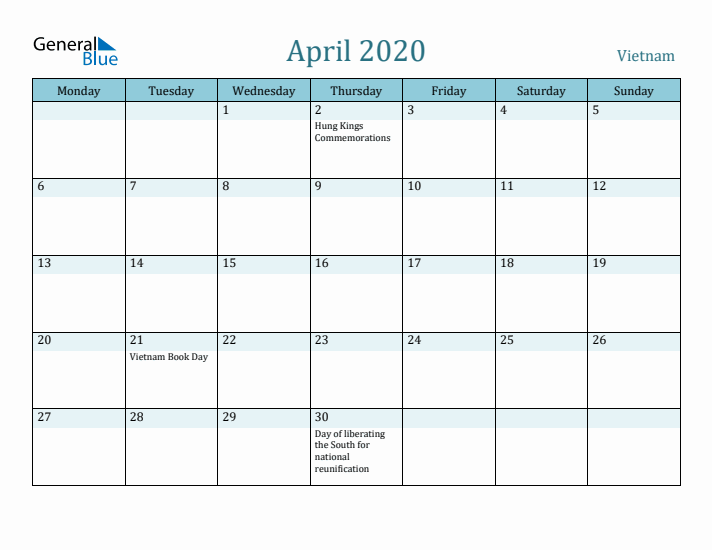 April 2020 Calendar with Holidays