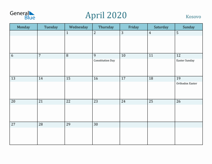 April 2020 Calendar with Holidays