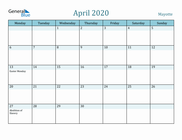 April 2020 Calendar with Holidays