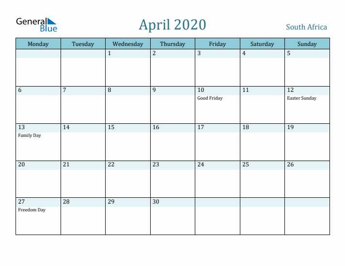 April 2020 Calendar with Holidays