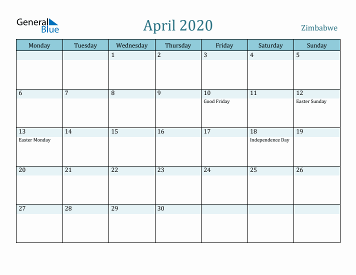 April 2020 Calendar with Holidays