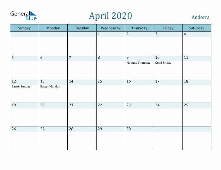 April 2020 Calendar with Holidays