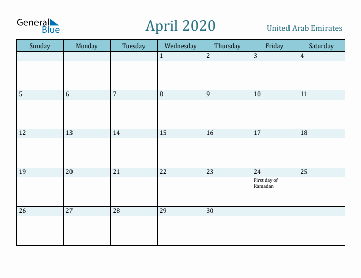 April 2020 Calendar with Holidays