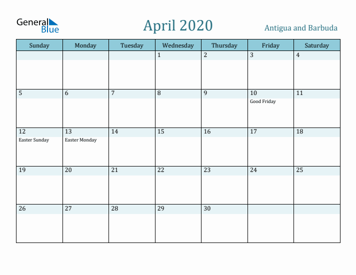 April 2020 Calendar with Holidays