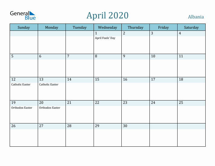 April 2020 Calendar with Holidays