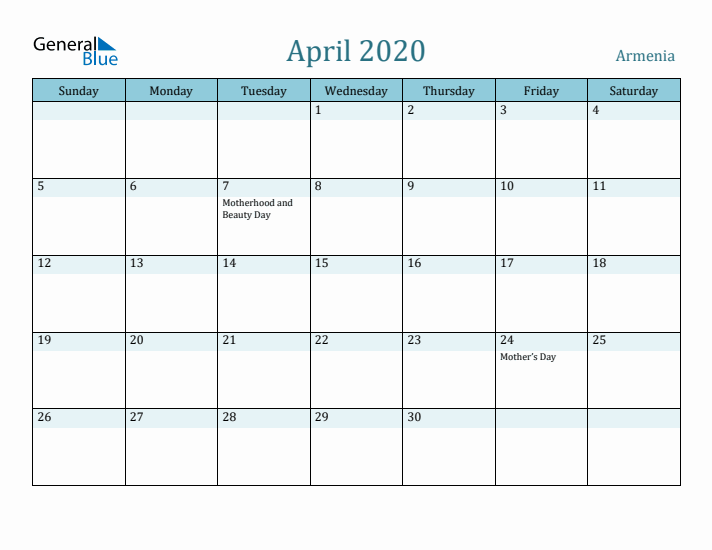 April 2020 Calendar with Holidays