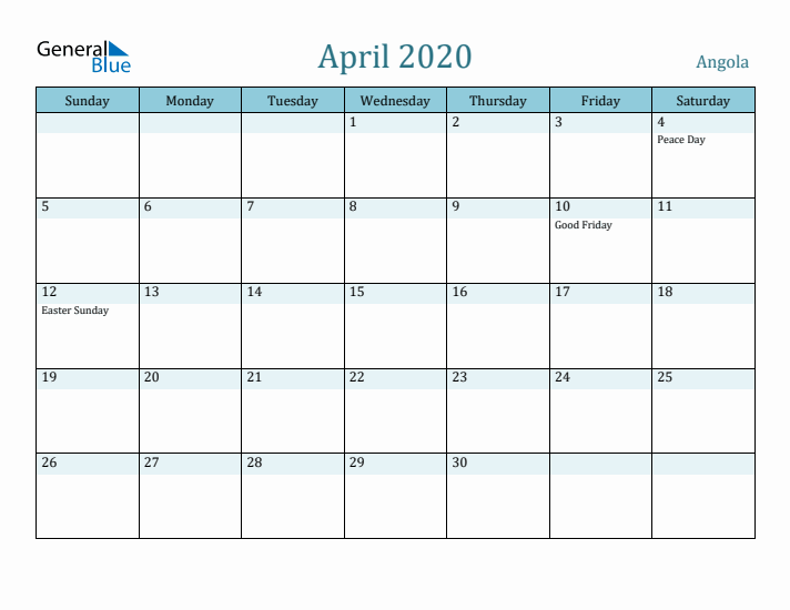 April 2020 Calendar with Holidays