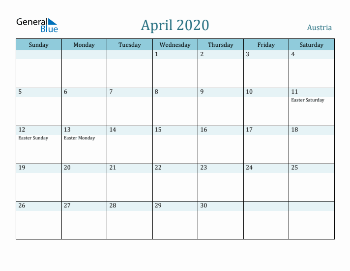 April 2020 Calendar with Holidays