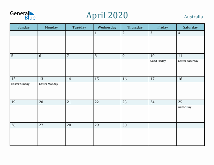 April 2020 Calendar with Holidays