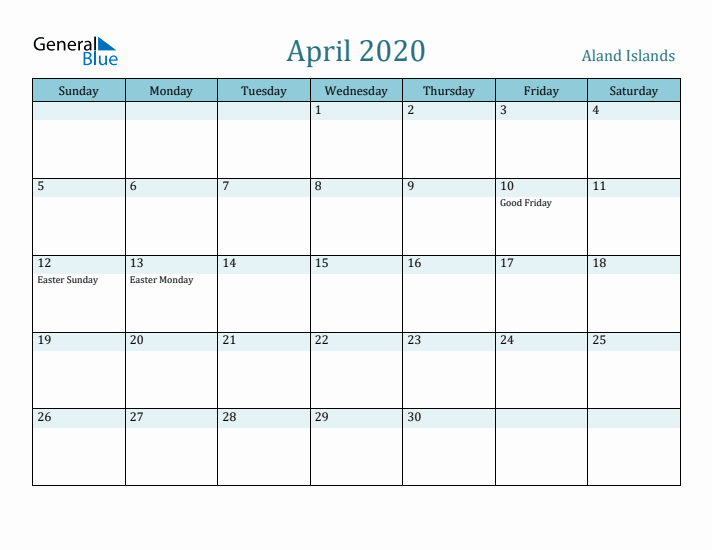 April 2020 Calendar with Holidays