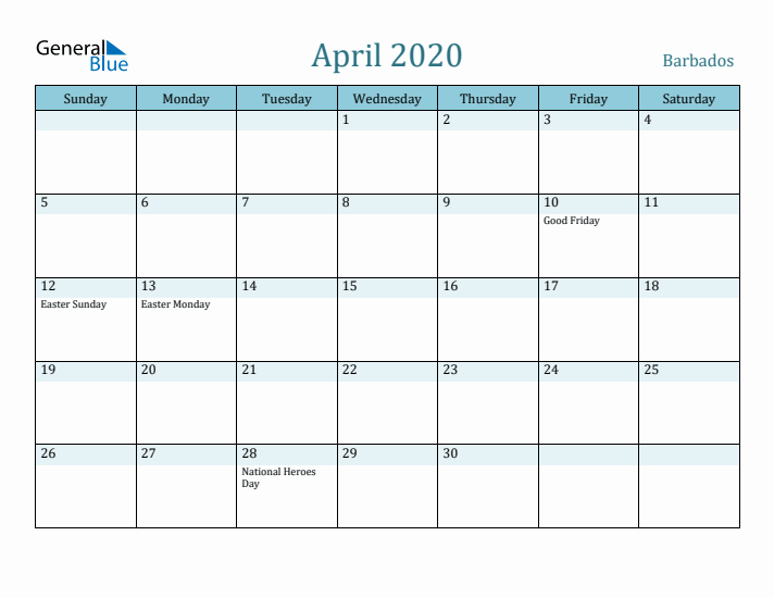 April 2020 Calendar with Holidays