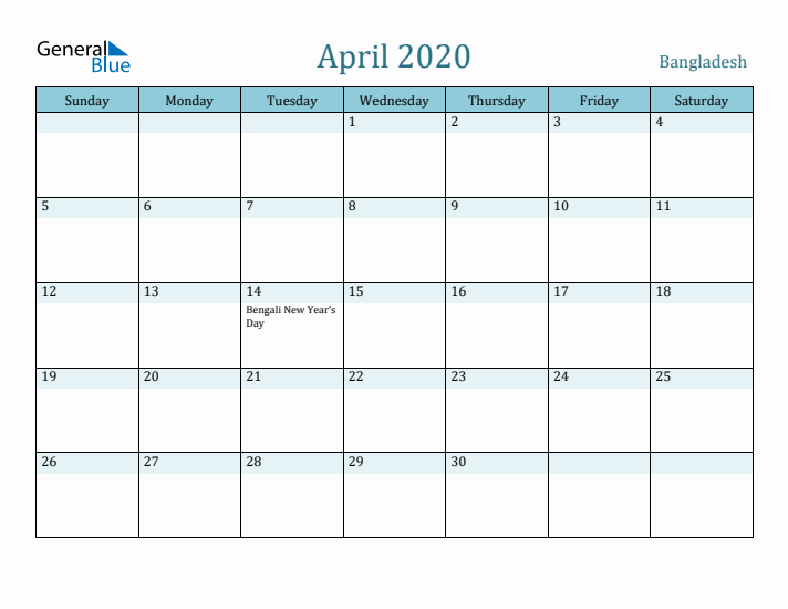 April 2020 Calendar with Holidays