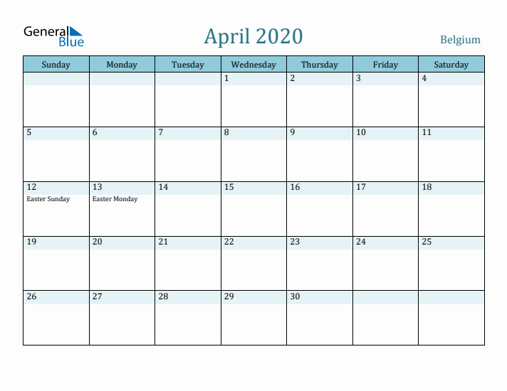 April 2020 Calendar with Holidays