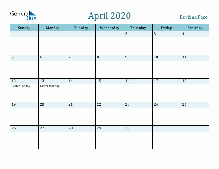 April 2020 Calendar with Holidays