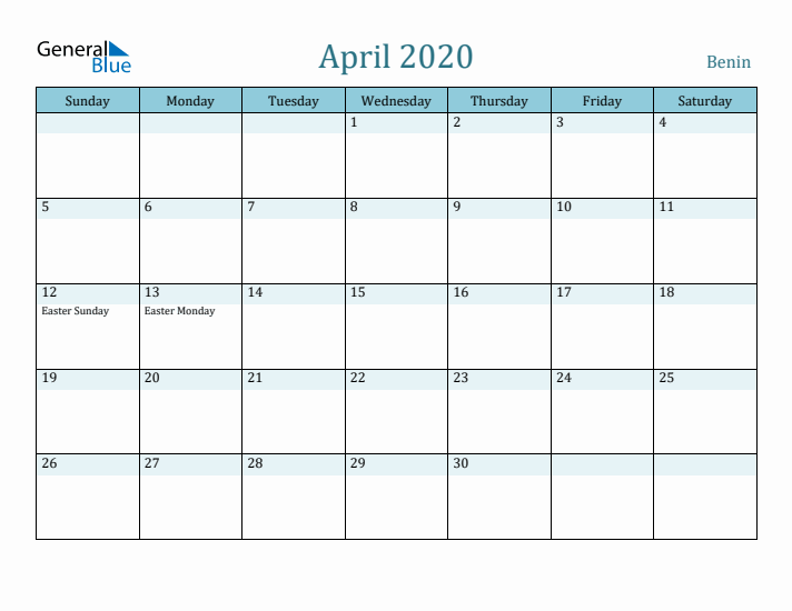 April 2020 Calendar with Holidays