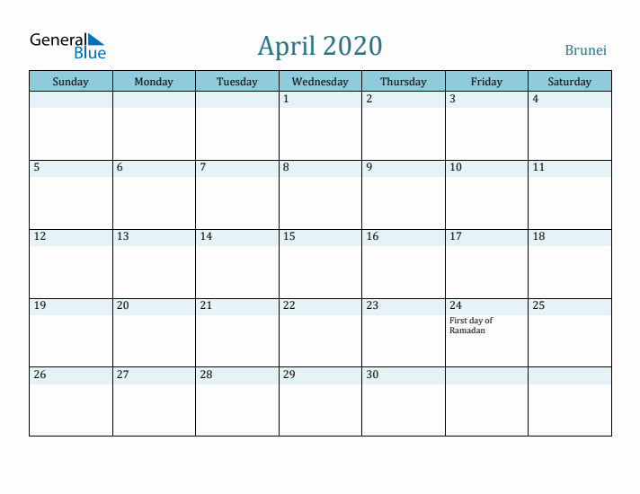 April 2020 Calendar with Holidays