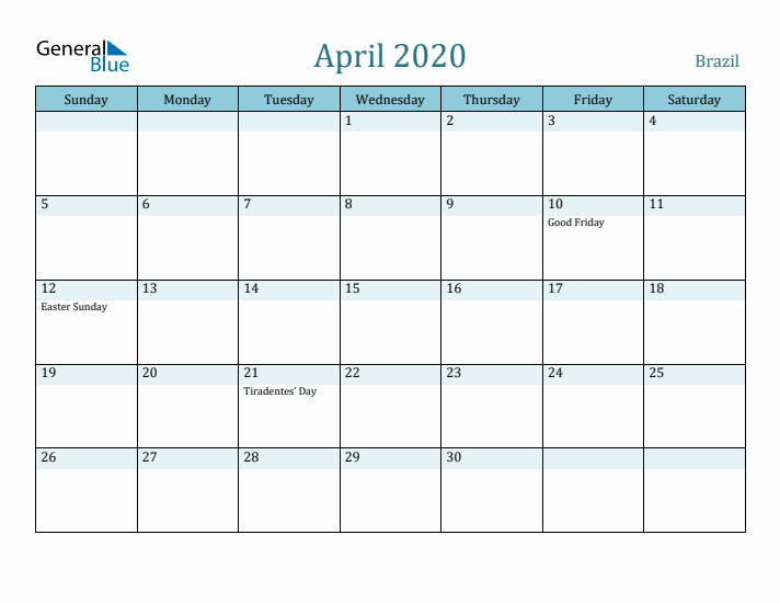 April 2020 Calendar with Holidays