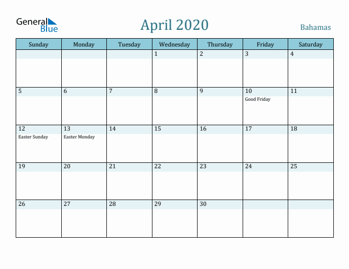 April 2020 Calendar with Holidays