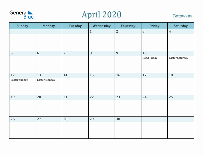 April 2020 Calendar with Holidays