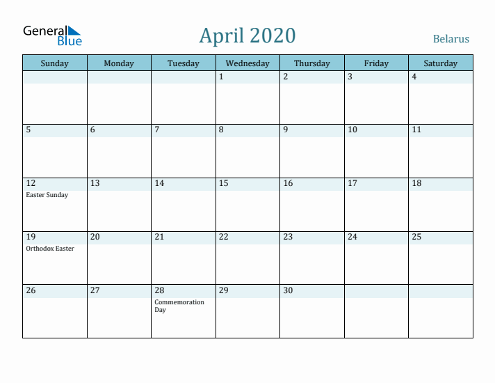 April 2020 Calendar with Holidays