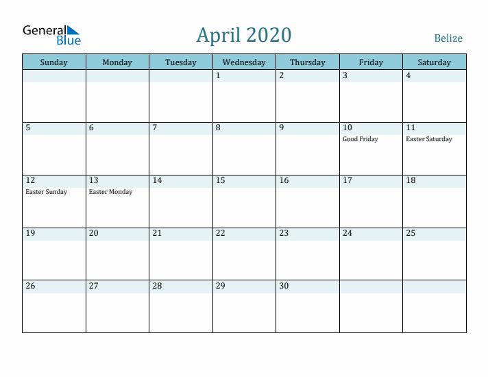 April 2020 Calendar with Holidays