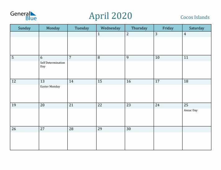 April 2020 Calendar with Holidays