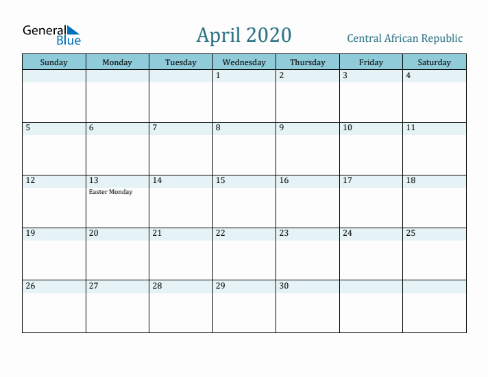 April 2020 Calendar with Holidays