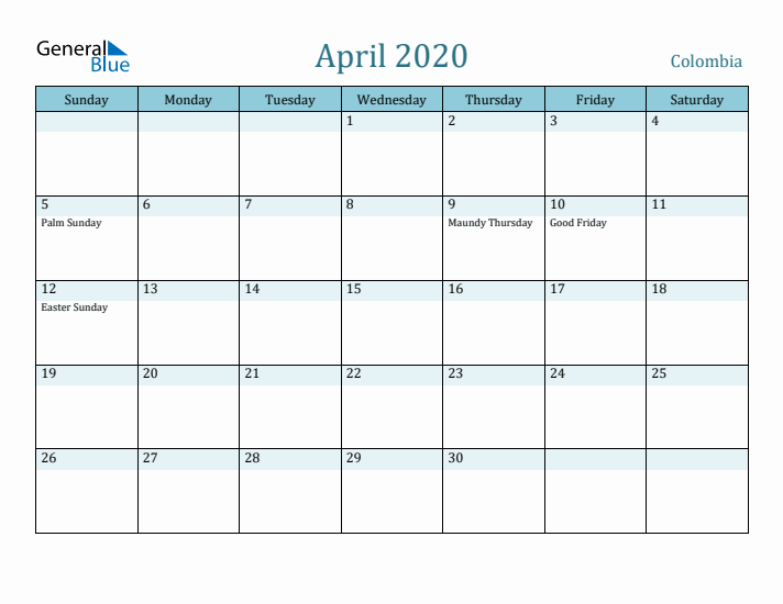 April 2020 Calendar with Holidays