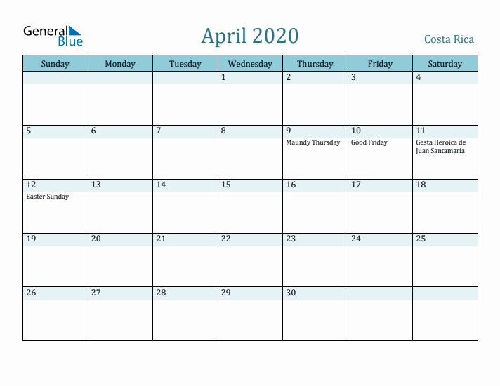 April 2020 Calendar with Holidays