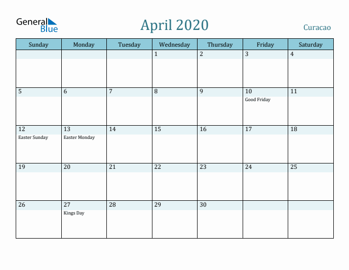 April 2020 Calendar with Holidays