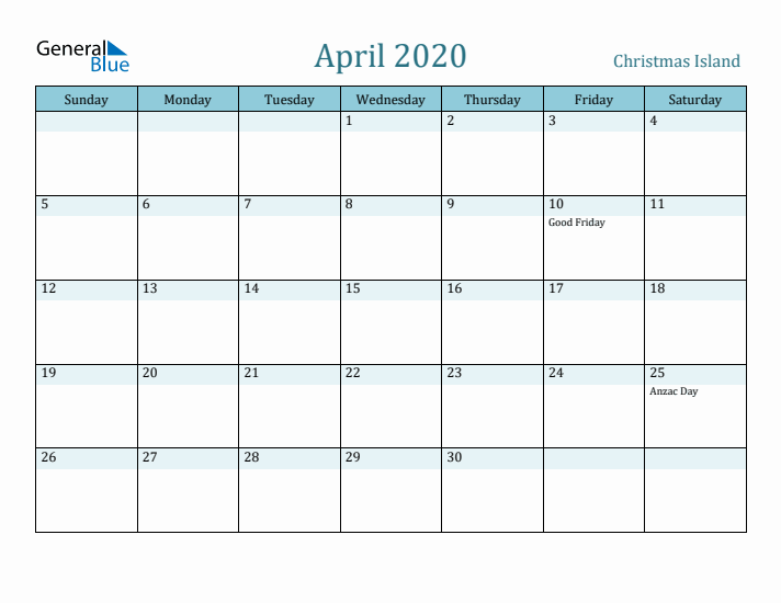 April 2020 Calendar with Holidays