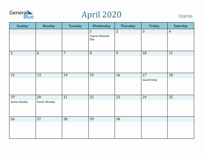 April 2020 Calendar with Holidays