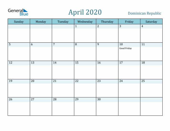 April 2020 Calendar with Holidays