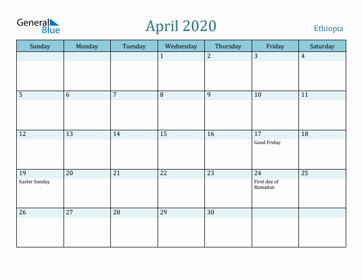 April 2020 Calendar with Holidays