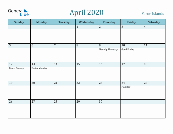 April 2020 Calendar with Holidays