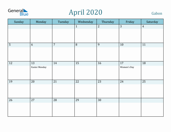 April 2020 Calendar with Holidays