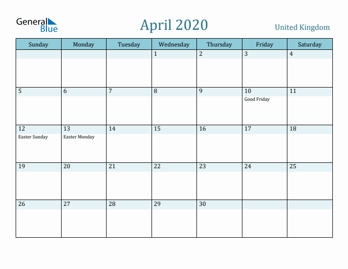 April 2020 Calendar with Holidays