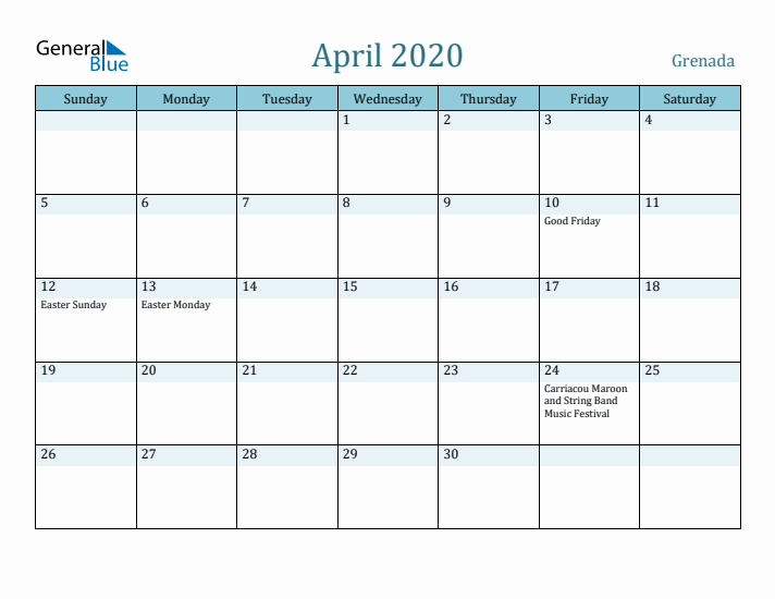 April 2020 Calendar with Holidays