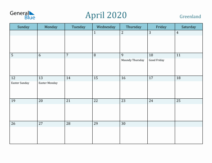 April 2020 Calendar with Holidays