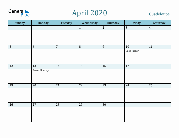 April 2020 Calendar with Holidays