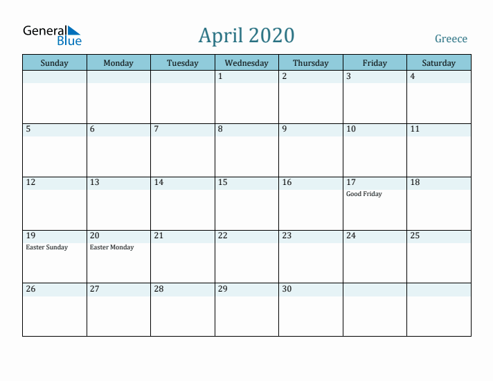 April 2020 Calendar with Holidays